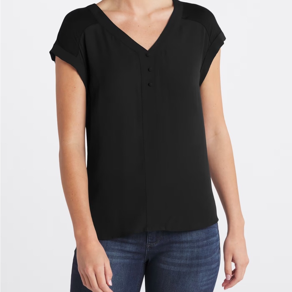 Mixed Material Black V-Neck Blouse